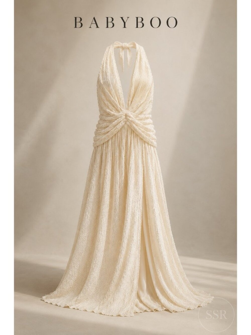 Babyboo Minerva Maxi Dress Ivory XXL US 12 Ruched Halter Plunge Split NWT